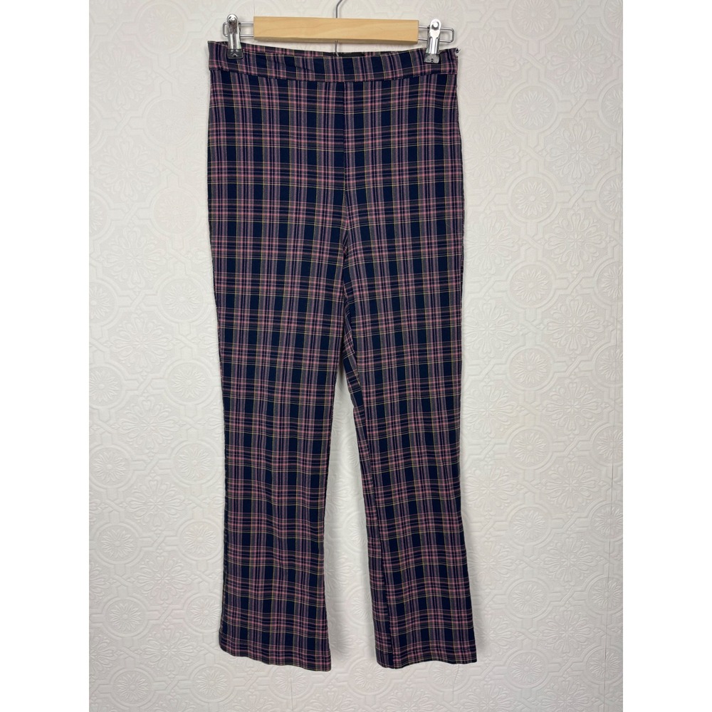 Urban Outfitters Pink Navy Plaid Kick Back Flare Pants Womens US‎ 8 Stretch